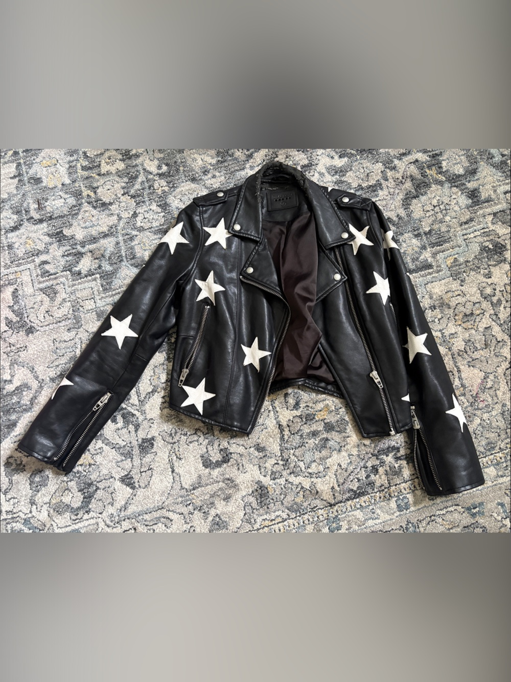 Blank NYC Black Leather Star Moto Jacket with White Stars